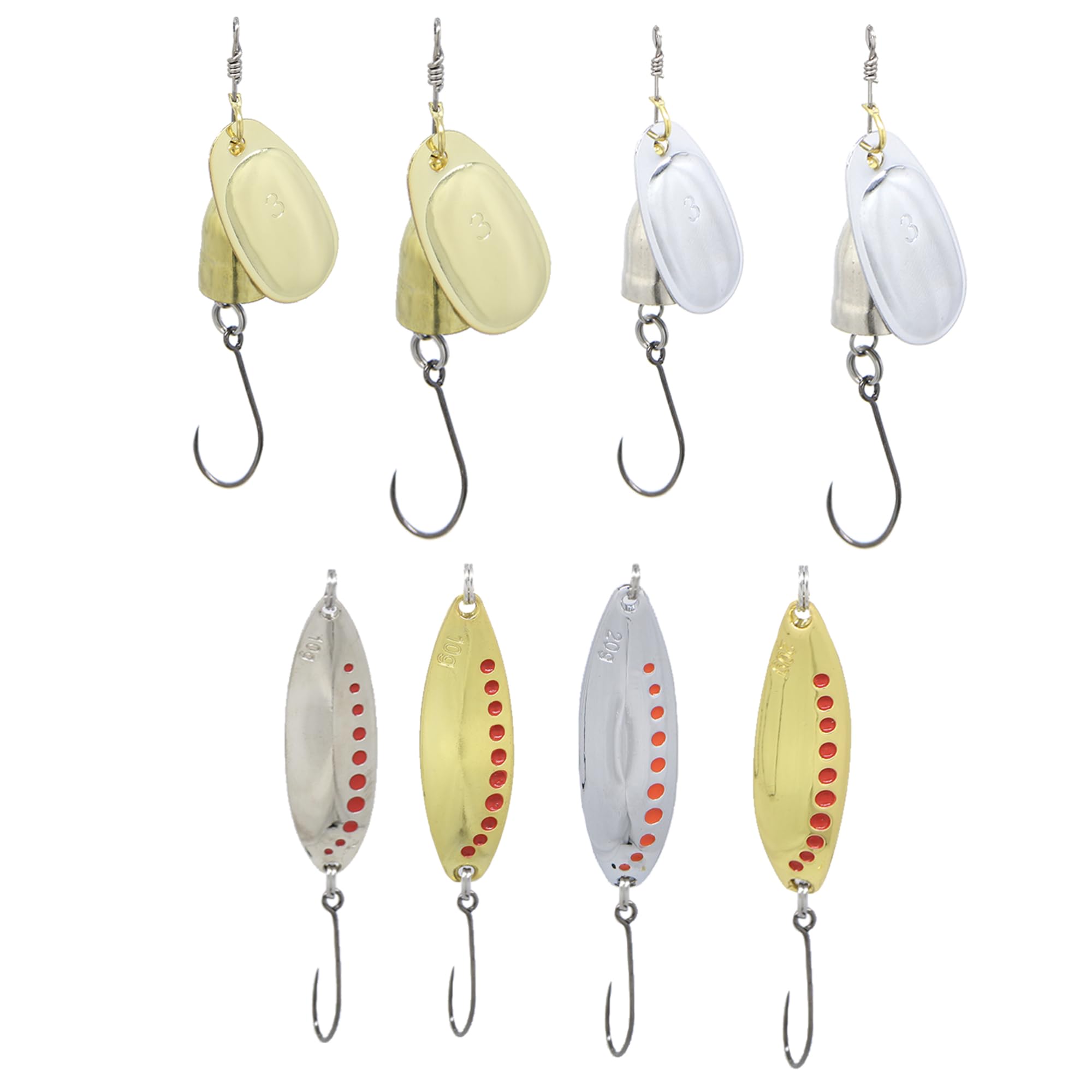 RIGGED & READY TRAVEL FISHING - Large Fish Rig Premium Spinners and Spoons - 8pcs Barbless Fishing Lures Set – 4 Spinners, 100% Barbless - Classic Designs (Large - 8 Piece)