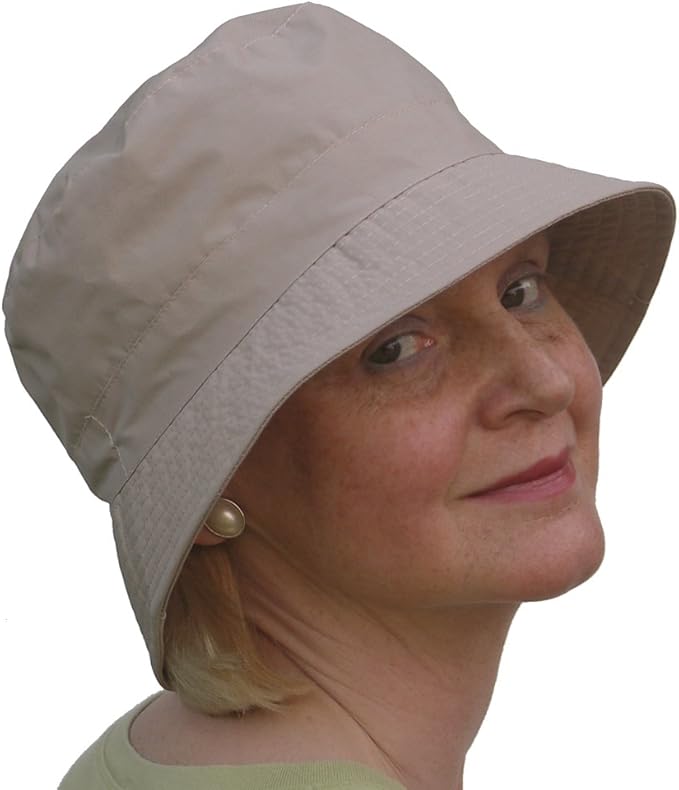 Ladies Waterproof Packable Adjustable Toggle Bucket Rain Hat in Sand