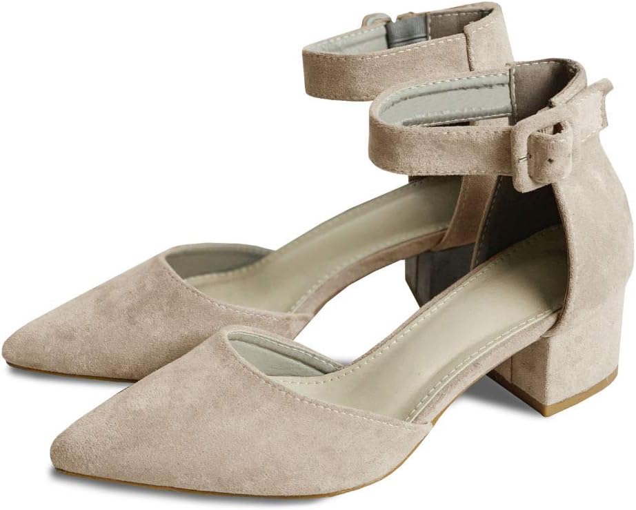 LAICIGO Women’s Ankle Scalloped Strap Buckle Pump Sandals Pointed Toe Chunky Heeled Shoes