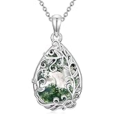LONAGO Teardrop Natural Moss Agate Necklace for Women 925 Sterling Silver Vintage Green Agate Leaf Pendant Jewelry Birthday Christmas Gifts for Mom