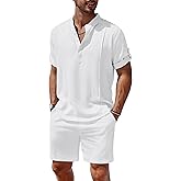 COOFANDY Men's 2 Pieces Linen Set Henley Shirt Short Sleeve and Shorts Summer Beach Yoga Matching Outfits