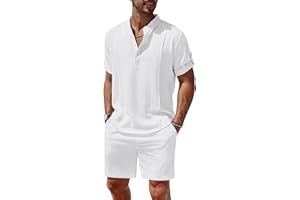 COOFANDY Men's 2 Pieces Linen Set Henley Shirt Short Sleeve and Shorts Summer Beach Yoga Matching Outfits