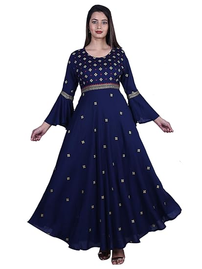 Womens Rayon Anarkali Embroidered Kurta Blue
