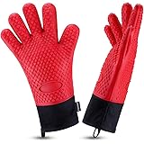 Oven Gloves, Heat Resistant Cooking Gloves Silicone Grilling Gloves Long Waterproof BBQ Kitchen Oven Mitts with Inner Cotton 