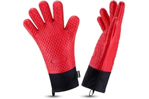 Comsmart BBQ Gloves, Heat Resistant Silicone Grilling Gloves, Long Waterproof BBQ Kitchen Oven Mitts with Inner Cotton Layer for Barbecue, Cooking, Baking, Smoker(Red)