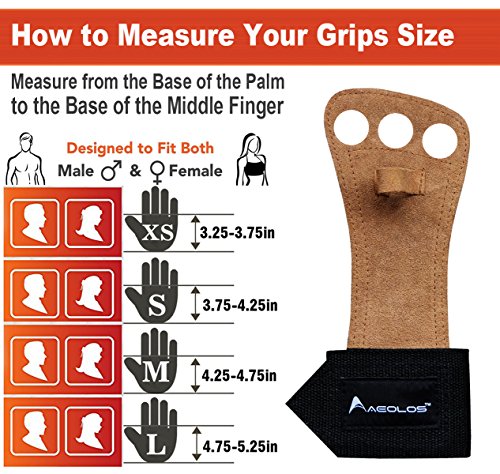 AEOLOS 3 Hole Leather Gymnastics Hand Grips with Wrist Wraps and Carry Bag, Small, Brown