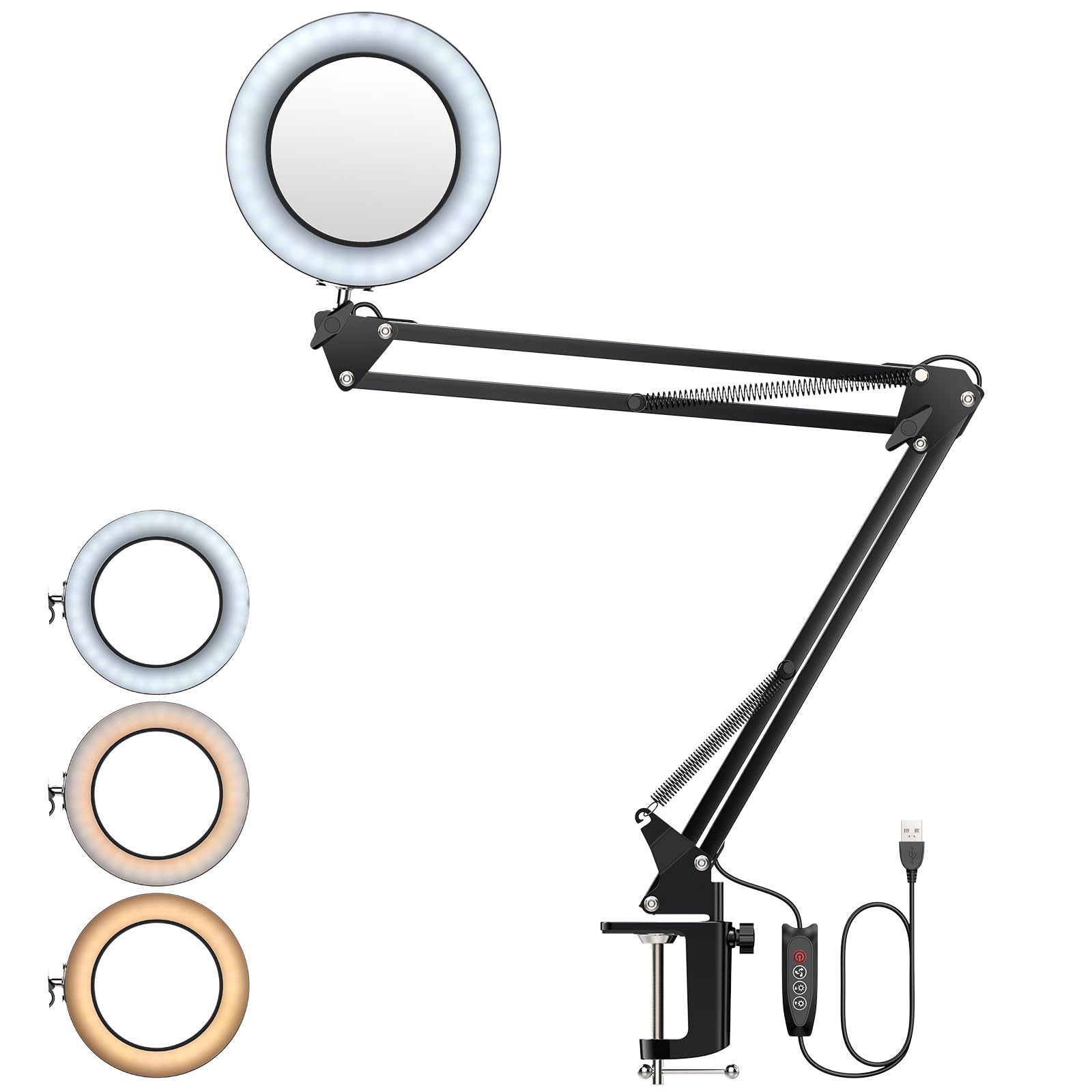 YGiTK Magnifying Glass with Light, Magnifying Desk Lamp, 3 Color Modes & 10 Brightness Dimmable, Adjustable Swing Arm LED Lighted Magnifier with Clamp Real Glass Lens for Reading Repair