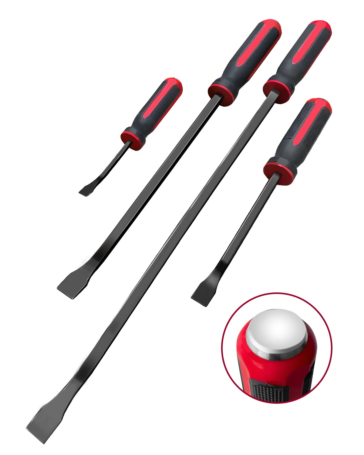 ROTATION Pry Bar Set Heavy Duty, Thicker Hammer Strike Cap, Angled Tip, Mechanic Hand Tools for Automotive, Demolition, Nail Puller, Crowbar | 4-Piece | Red