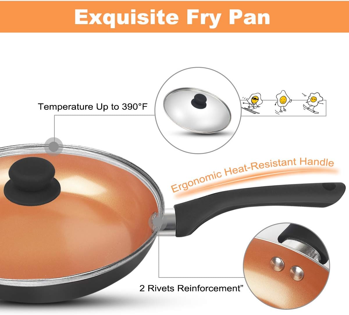 FRUITEAM 9 1/2 inch Fry Pan Non-stick Frying Pan with Lid, Aluminum Cookware with Induction Plate for Even Heating, Gas & Stovetops Safe, Black: Kitchen & Dining