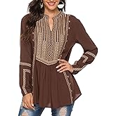 AK Women's Embroidered Tops Mexican Shirt V Neck Summer Casual Tops Peasant Tunic Loose Blouse