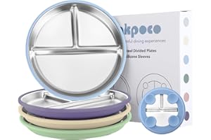 Bakpoco Stainless Steel Suction Plates for Toddlers, 9" Divided Kids Baby Plates with Removable Silicone Suction, Non Toxic Non Slip Portion Control Snack Dishes 4 Packs, Blue Green Purple Beige