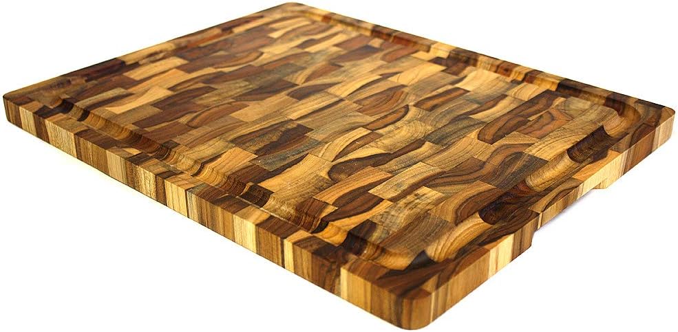 Mountain Woods Teak Cutting Board - Rectangle End Grain Butcher Block With Juice Groove And Carved handle (15 X 12 X 1.25 in.)
