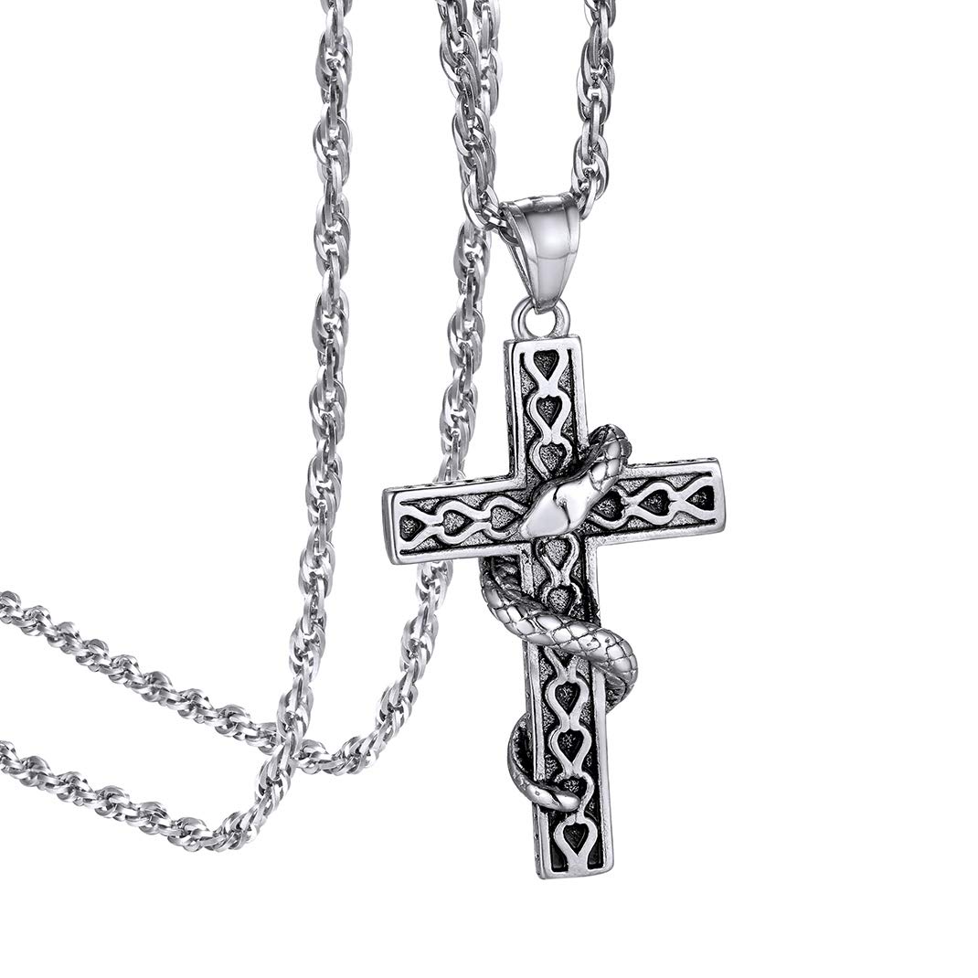 GoldChic Cross Necklace for Men Women Silver Stainless Steel Serpent Pendant Chains Christian Irish Religious Nun Priest Monk Jewellery Gifts