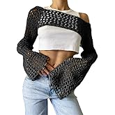 KEOMUD Crochet Crop Tops for Women Y2K Going Out Top Hollow Out Knit Bikini Beach See Through Cover Ups Fashion