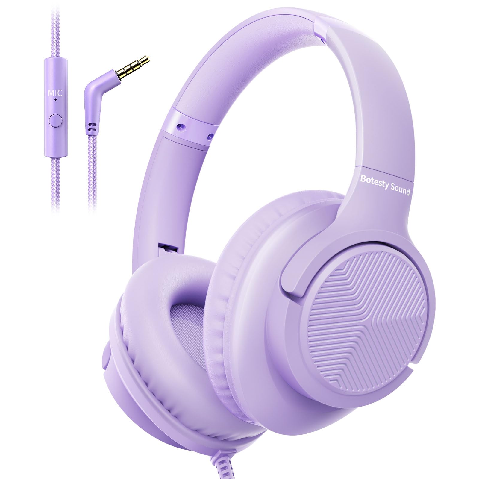 Photo 1 of Botesty Sound Headphones Wired with Microphone, Over Ear Foldable 3.5mm Plug in Headphones with 4.9ft Tangle-Free Nylon Cord for Tablet, Laptop, MP3/4, School, Airplane Travel (Purple)