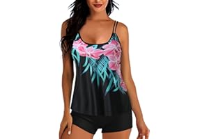 TARIENDY Modest Tankini Swimsuits for Women Two Piece Tummy Control Bathing Suits Athletic Tank Top with Boyshorts Swimwear M