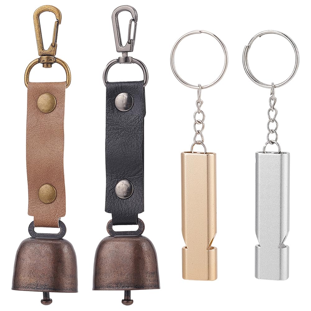 NBEADS 2 Pcs Dog Collar Bells with 2 Pcs Double Frequency Whistles, Pet Bells Tracker Noise Maker Pendant with PU Leather Strap for Dog Cat Pet Cow Farm Emergency Survival