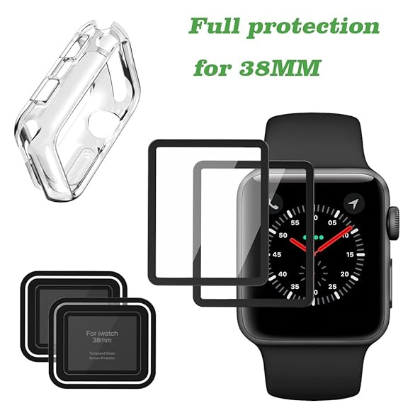 Smart Watch Screen Protector [2-Pack] with Watch Case Compatible Apple Watch Series 3/2, Full Coverage for iPhone Watch Tempered Glass Screen ...