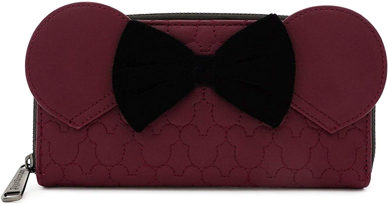 Loungefly Women's Maroon 3D Bow Quilted Zip-Around Wallet with Coin Pocket and Card Holders
