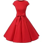 Dressystar 2024 Women's Vintage Boatneck Cap Sleeve Retro Rockabilly Prom Dresses Cocktail Party Dress Cap-Sleeve 1956LD Red XXL
