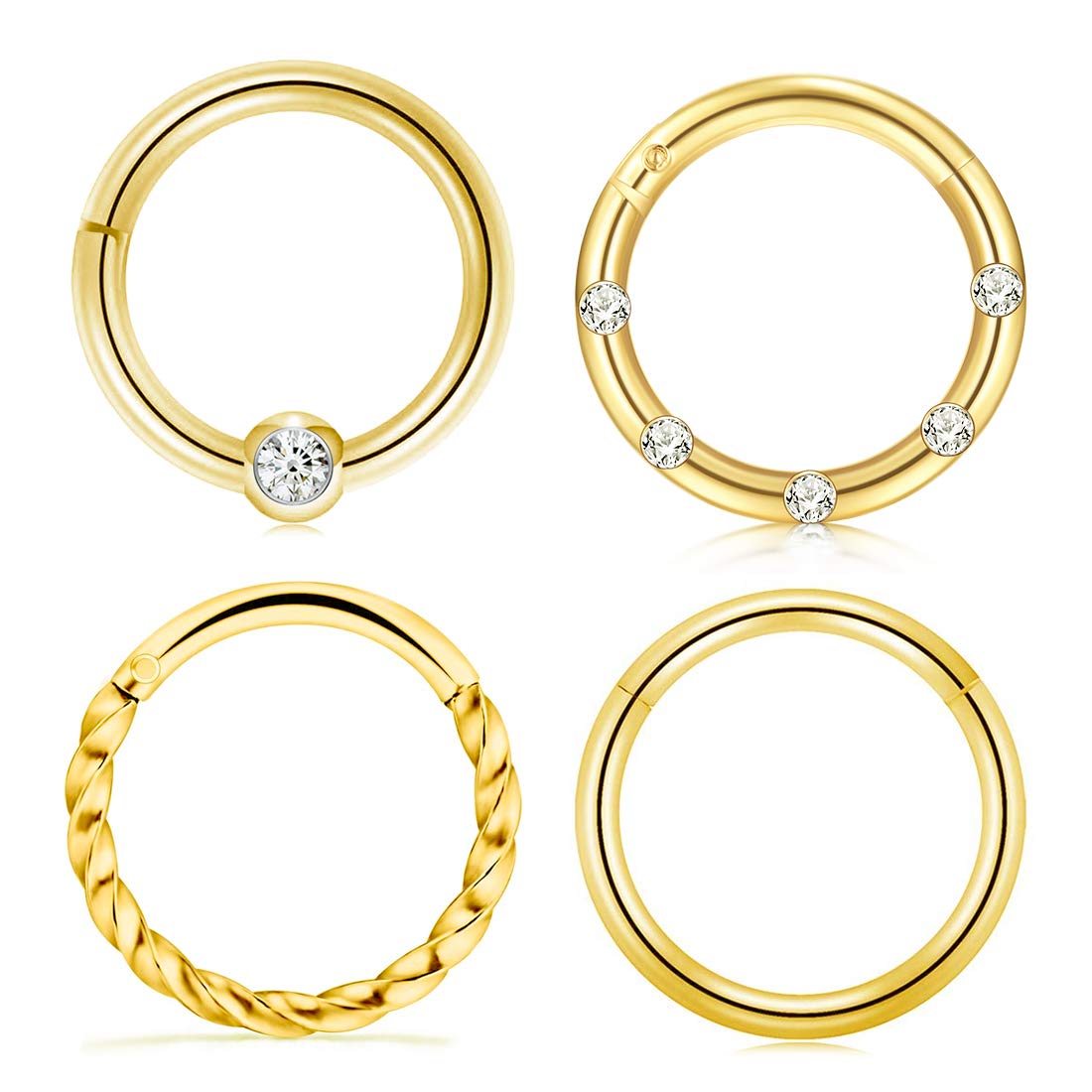 Crdifu 4pcs Nose Lip Septum Clicker Set Stainless Steel 16G 8mm Segment Tragus Helix Daith Ear Piercing Ring