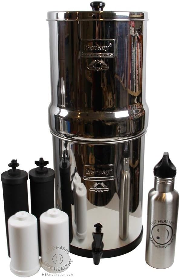Big Berkey BK4X2 Countertop Water Filter System with 2 Black Berkey Elements and 2 Fluoride Filters w/ Stainless Steel Water Bottle
