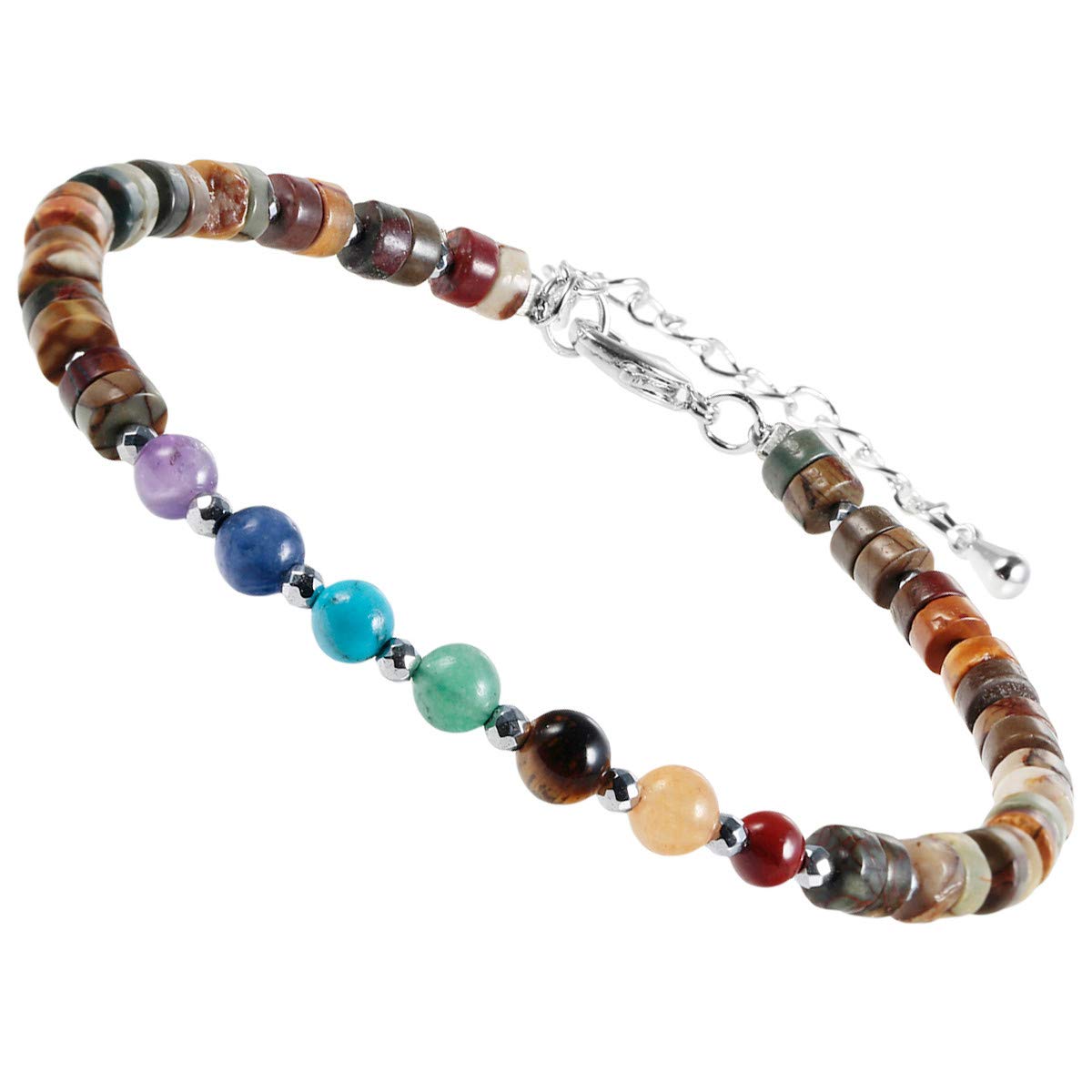 mookaitedecor 7 Chakra Healing Crystal Stone Bracelet for Women Men, Colourful Picasso Jasper Crystal Flat Beads Bracelet Semi Precious Gemstone Stone Jewellery Adjustable Yoga Reiki Link Bangle — image 1