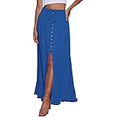 Minclouse Women's Elastic Tie Waist Button Down Maxi Skirts Casual Loose Flowy Swing Slit Front Dress