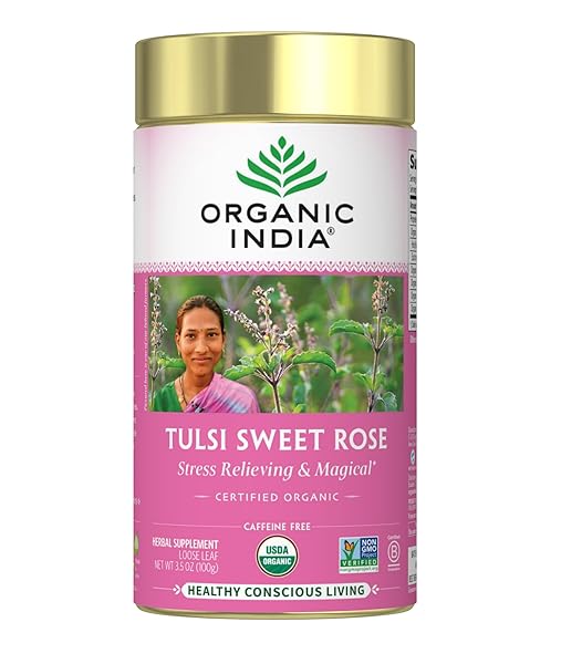 ORGANIC INDIA TULSI SWEET ROSE HERBAL TEA – HOLY BASIL LEAF, AFRICAN BASIL, CHAMOMILIE, LEMON MYRTLE, STRESS RELIEVING, IMMUNE SUPPORT, USDA CERTIFIED ORGANIC, CAFFEINE-FREE – 3.5 OZ CANISTER