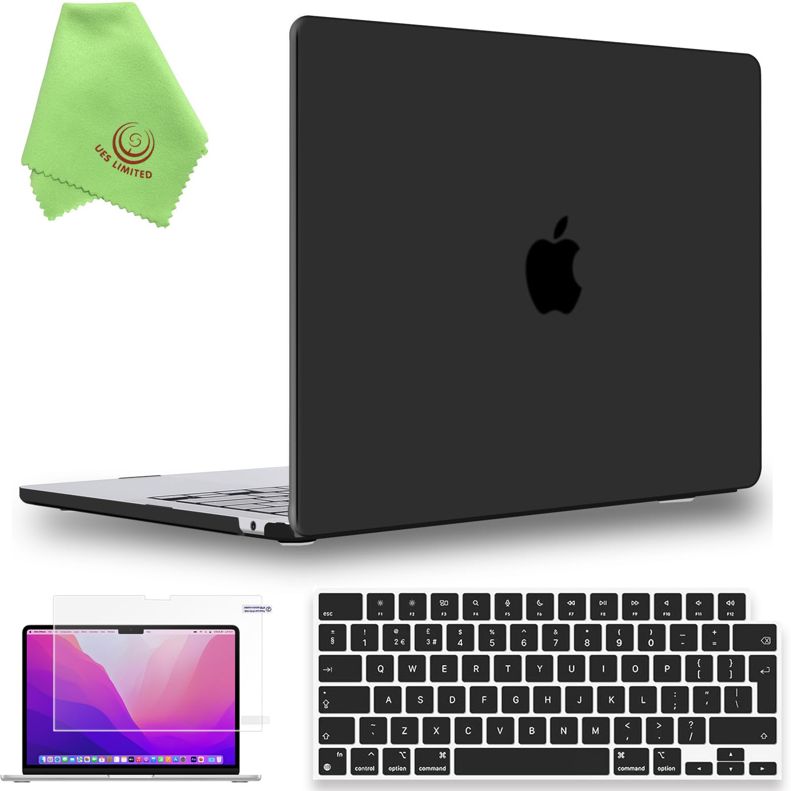UESWILL 4in1 for MacBook Air (15 inch, M2 M3 M4 M5, 2023 2024 2025 2026) Model A3448 A3241 A3114 A2941, Matte Hard Shell Case + Keyboard Cover + Screen Protector + Microfiber Cloth, Black