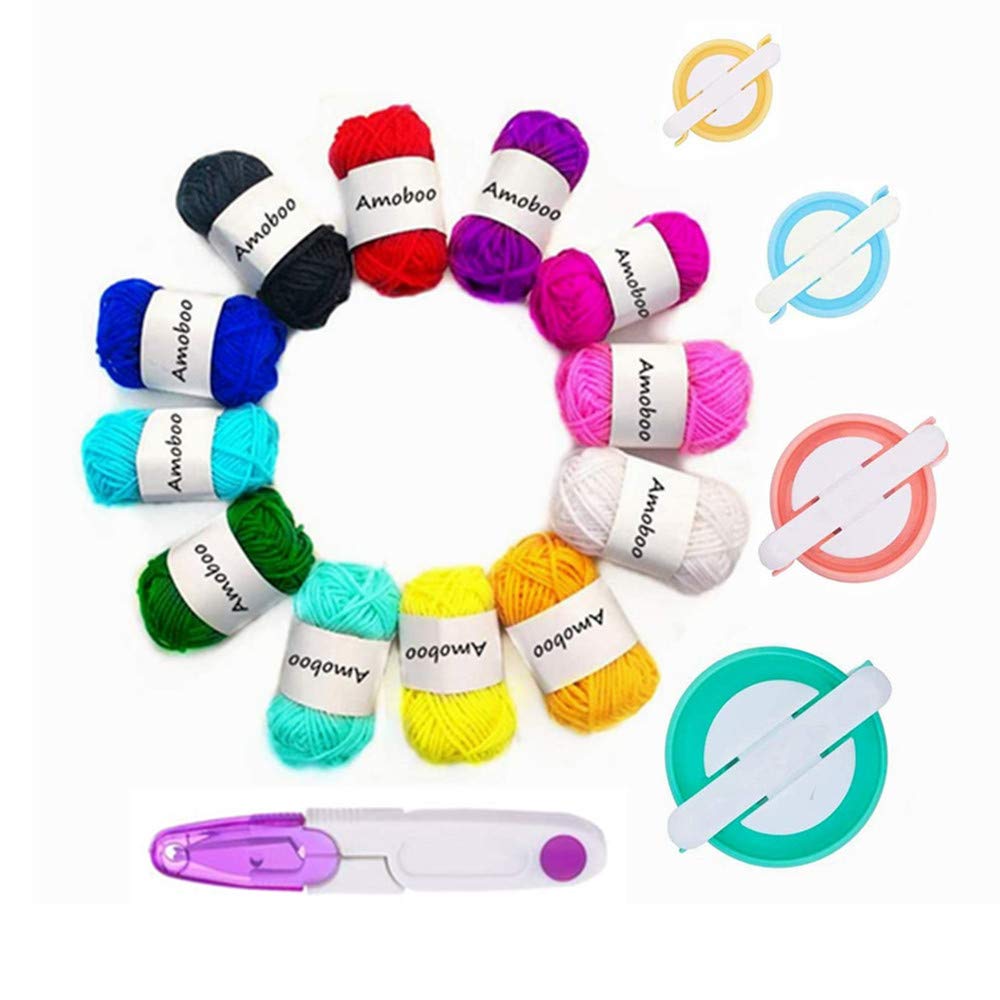 Pom pom Maker, 4 Sizes Pom-pom Maker Fluff Ball Weaver Needle Craft DIY Wool Knitting Craft Tool Set for Beginner +12pcs Yarn+1pcs Scissors (17) — image 1