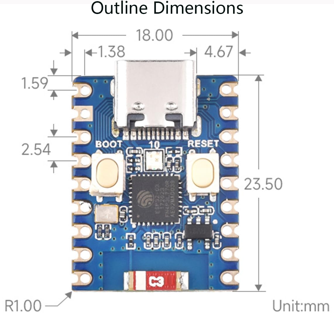 ESP32-C3 Mini Development Board, Based on ESP32-C3FN4 Single-Core Processor 160MHz Running Frequency, Support 2.4GHz W-i-F-i & Blue-Too-th 5, Onboard 400KB of SRAM and 384KB ROM, 4MB Flash Memory
