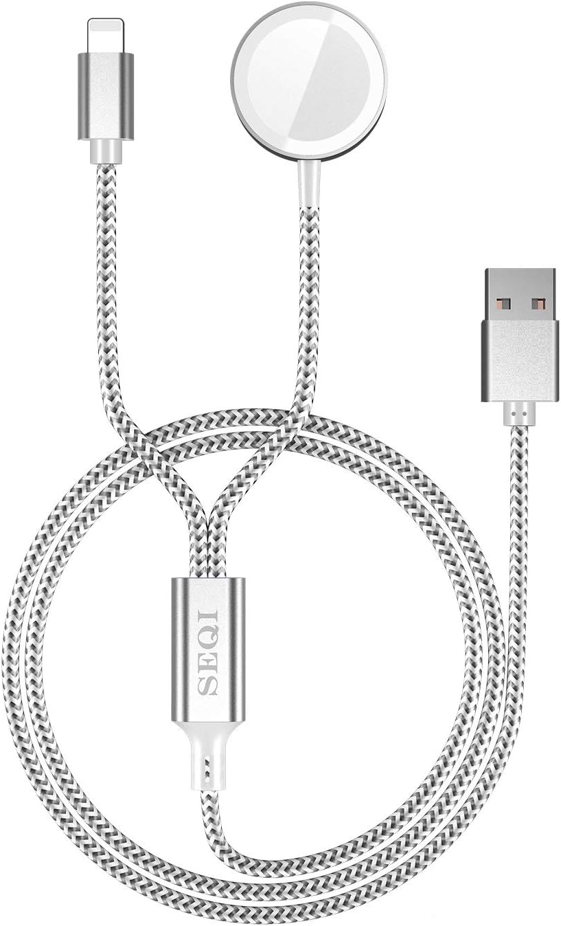 SEQI Watch Charger, 2 in 1 Magnetic Wireless Charger for iWatch and for iPhone, Nylon-Braided Charger Cable Compatible for Apple Watch Series 1-6/SE, for iPhone 12/11/X, for iPad and for AirPods