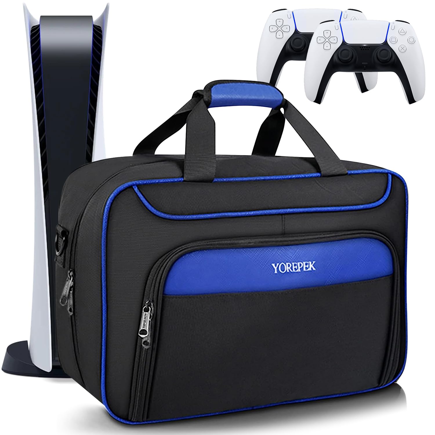 YOREPEK Carrying Case Compatible with PS5, PS5 Pro, Travel Case Suitable for Playstation 5 Discs Digital Edition, Large Capacity Storage bag for Console, Controllers, and Game Accessories, Black Blue