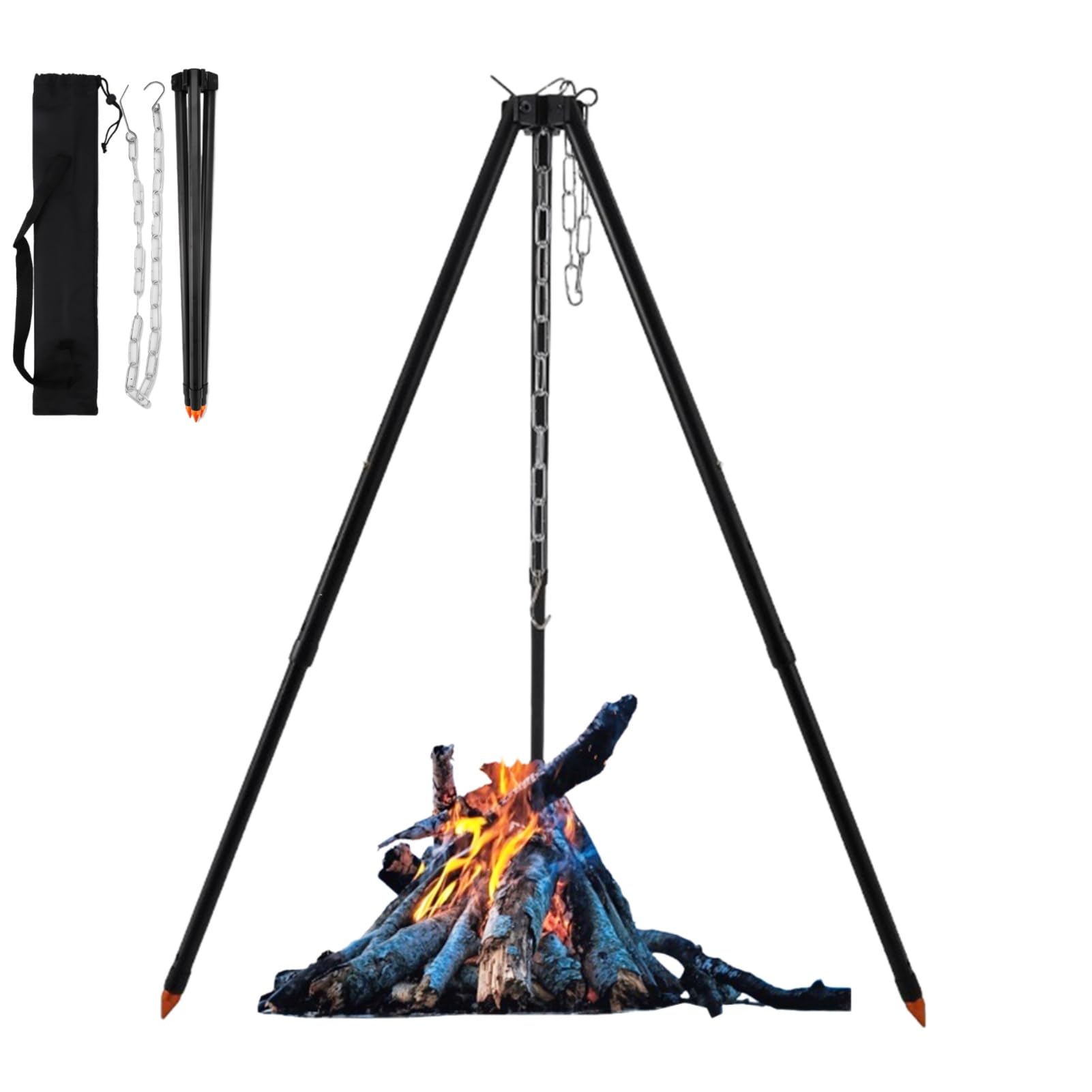 Holzsammlung Camping Tripod for Cooking, Portable Adjustable Outdoor Cooking Campfire Tripod Grill with Hanging Chain, Hook & Carry Bag, Camping Accessories for Hanging Cookware, Picnic and Party BBQ