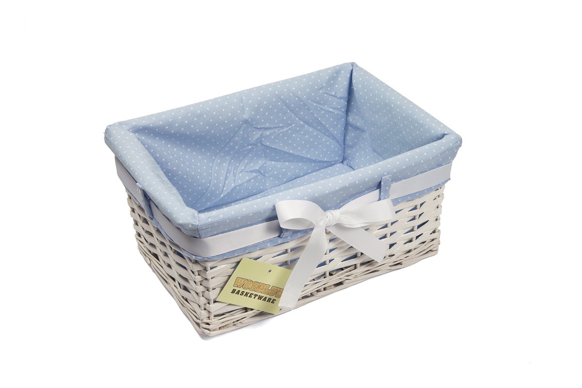 Woodluv Rectangular White Willow Wicker Hamper Storage Basket-With Blue Fabric & Ribbon (Gift Hamper Basket) -SMALL — image 1