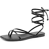 DREAM PAIRS Womens Strappy Flat Sandals - Comfortable Lace Up Gladiator Dressy Sandals, Square Toe Tie Up Walking Sandal, Summer Wrap Up Vocation Sandal Mermaid Shoes