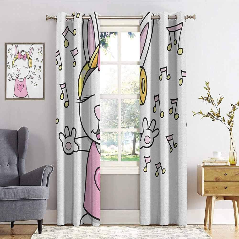 hengshu Kids Room Darkened Insulation Grommet Curtain Cute Rock Star Rabbit Bunny with Speakers Music Notes Girls Humor Heart Cartoon Living Room W84 x L72 Inch Baby Pink Yellow