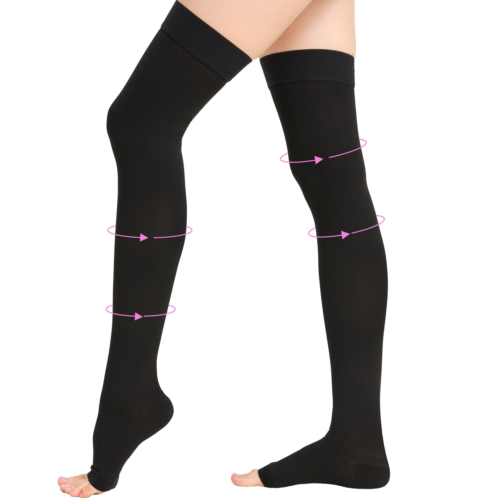 Photo 1 of 20-30 mmHg Thigh High Compression Stockings for Women, Open Toe with Stay-Up Dot-Top - Relief for Varicose Veins, DVT, Swelling, Pregnancy & Travel, Black, 2X-Large