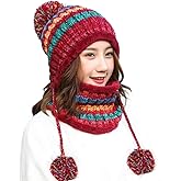 Women Winter Beanie Hat Circle Scarf Set Pompoms Peruvian Ski Snow Ear Flaps Cold Weather Warm Sherpa Knit Hats Fleece Lined