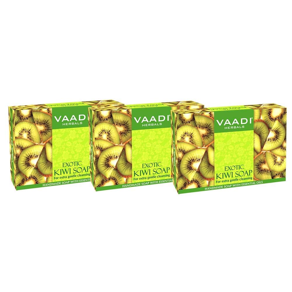 Kiwi Bar Soap with Green Apple Extract - Handmade Herbal Soap (Aromatherapy) with 100% Pure Essential Oils - ALL Natural - Extra Gentle Cleansing - Each 2.65 Ounces - Pack of 3 (8 Ounces) - Vaadi Herbals