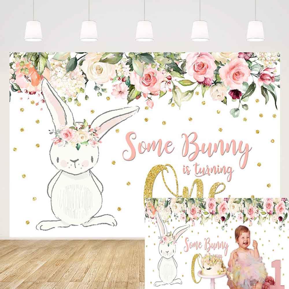 MEHOFOND 7x5ft Bunny Girl 1st Birthday Party Backdrop Spring Pink Floral Glitter Gold Rabbit Some Bunny One Girl Happy Birthday Photography Background Photo Banner Easter Poster