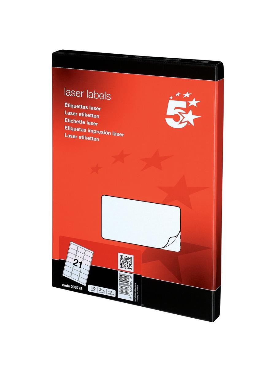 5 Star 296778 Office Multipurpose Labels Laser 21 per Sheet 63.5x38.1mm White [2100 Labels]