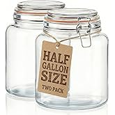 kitchentoolz Half Gallon Glass Large Mason Jars with Airtight Lid - 64oz Wide Mouth Flour & Sugar Container. Also for Sourdough, Pasta, Pickles, Cookies- Flip Top Hinged Closure - 2 Pack
