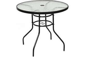 Tangkula 32" Outdoor Patio Table Round Steel Frame Tempered Glass Top Commercial Party Event Furniture Conversation Coffee Table for Backyard Lawn Balcony Pool with Umbrella Hole