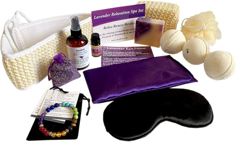 AyaZen Lavender Spa Bath and Body Gift Set-Lavender Eye Pillow, Silk Eye Mask, 3 Large Bath Bombs, Artisan Soap, Lavender Essential Oil, Lavender Room