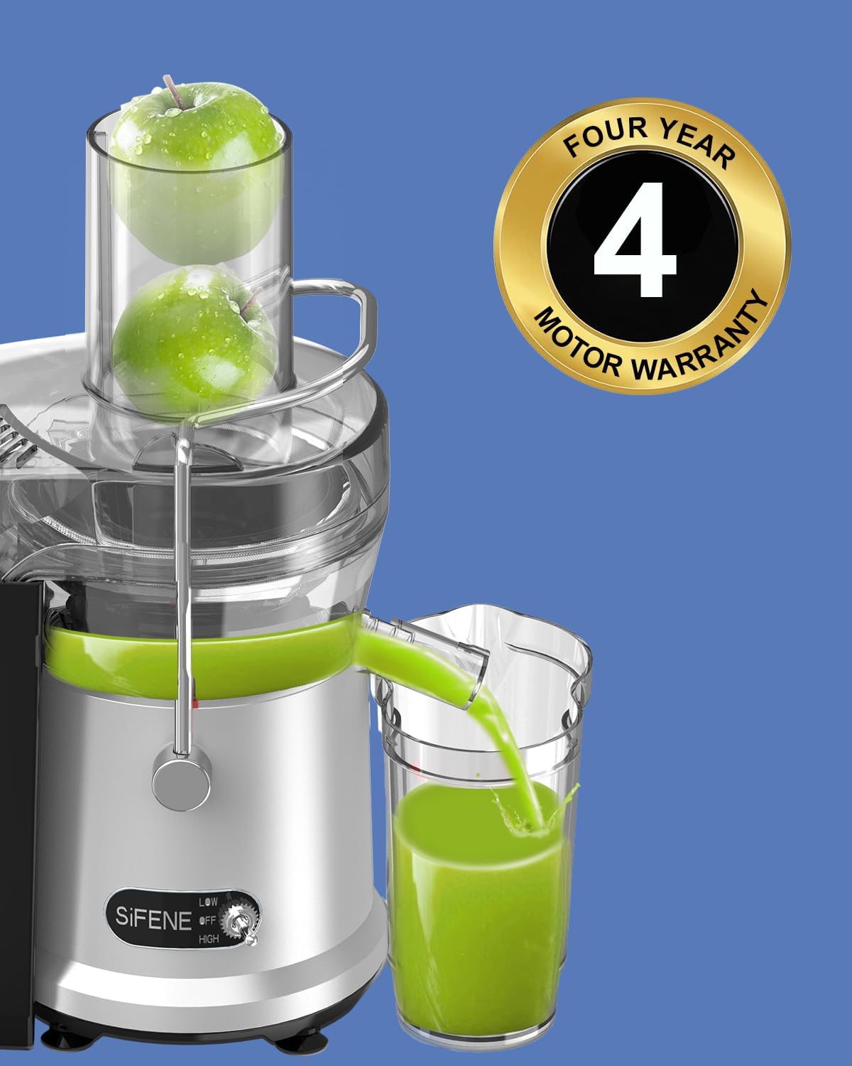 SiFENE Centrifugal Juicer Machine, Rapid 800W Juice Extractor, Large 3.2'' Feed Chute for Whole Fruit & Veg Juicing, Easy to Clean (Silver)