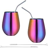 Buyer Star 17 oz Stainless Steel Stemless Wine Glasses Set of 2, with 2 Reusable Straws and 2 Cleaning Brush, stainless steel wine tumbler for the Outdoor, Pool, Camping, Cookouts, Travel (Rainbow)