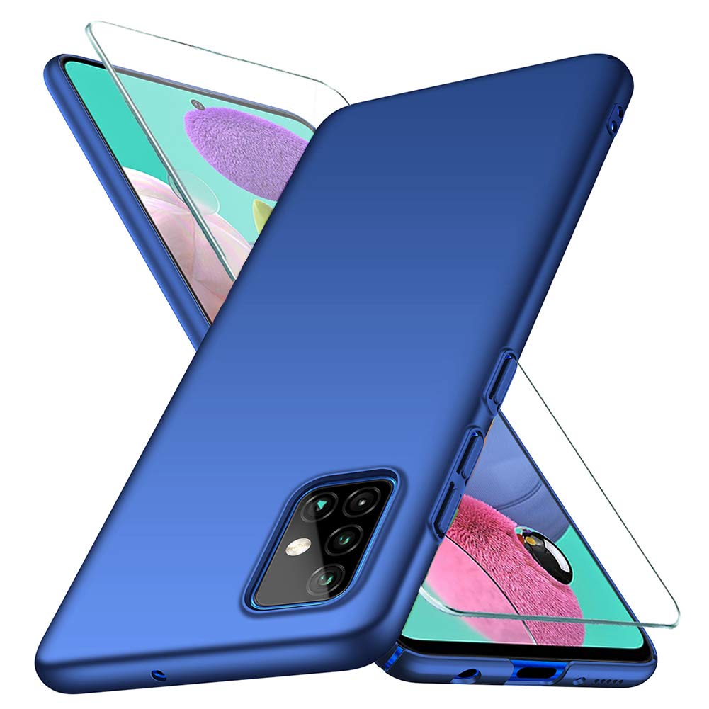 YIIWAY Samsung Galaxy A51 Case + Tempered Glass Screen Protector, Blue Ultra Slim Protective Case Hard Cover Shell for Samsung Galaxy A51 YW41160