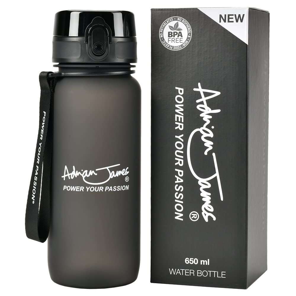 Adrian James Nutrition – Sports Water Bottle 650ml, Leakproof with Patented Safety Lock, Ideal for Gym, School, Work & Travel, 100% BPA-Free